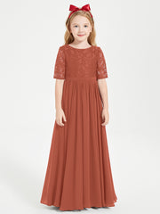 Robes de Demoiselle d'Honneur Junior en Dentelle à Demi-Manches Rouille