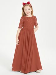 Robes de Demoiselle d'Honneur Junior en Dentelle à Demi-Manches Rouille