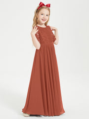 Robes de Demoiselle d'Honneur Junior en Dentelle à Demi-Manches Rouille