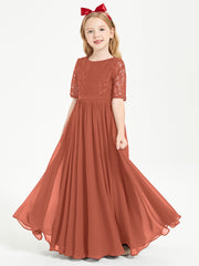 Robes de Demoiselle d'Honneur Junior en Dentelle à Demi-Manches Rouille