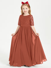 Robes de Demoiselle d'Honneur Junior en Dentelle à Demi-Manches Rouille