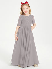 Robes de Demoiselle d'Honneur Junior en Dentelle à Demi-Manches Argent