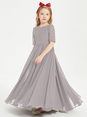 Robes de Demoiselle d'Honneur Junior en Dentelle à Demi-Manches Argent