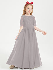 Robes de Demoiselle d'Honneur Junior en Dentelle à Demi-Manches Argent