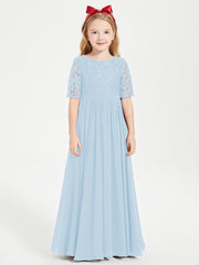 Robes de Demoiselle d'Honneur Junior en Dentelle à Demi-Manches Bleu Ciel