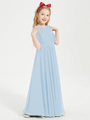 Robes de Demoiselle d'Honneur Junior en Dentelle à Demi-Manches Bleu Ciel