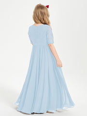 Robes de Demoiselle d'Honneur Junior en Dentelle à Demi-Manches Bleu Ciel