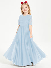Robes de Demoiselle d'Honneur Junior en Dentelle à Demi-Manches Bleu Ciel