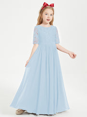 Robes de Demoiselle d'Honneur Junior en Dentelle à Demi-Manches Bleu Ciel