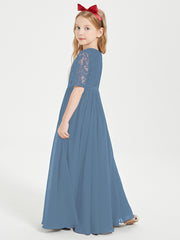 Robes de Demoiselle d'Honneur Junior en Dentelle à Demi-Manches Bleu de Schiste