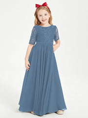 Robes de Demoiselle d'Honneur Junior en Dentelle à Demi-Manches Bleu de Schiste