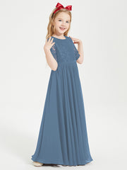 Robes de Demoiselle d'Honneur Junior en Dentelle à Demi-Manches Bleu de Schiste