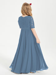 Robes de Demoiselle d'Honneur Junior en Dentelle à Demi-Manches Bleu de Schiste