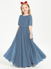 Robes de Demoiselle d'Honneur Junior en Dentelle à Demi-Manches Bleu de Schiste