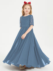 Robes de Demoiselle d'Honneur Junior en Dentelle à Demi-Manches Bleu de Schiste
