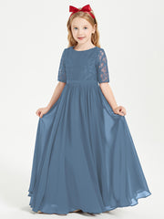 Robes de Demoiselle d'Honneur Junior en Dentelle à Demi-Manches Bleu de Schiste
