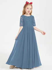 Robes de Demoiselle d'Honneur Junior en Dentelle à Demi-Manches Bleu de Schiste