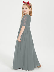 Robes de Demoiselle d'Honneur Junior en Dentelle à Demi-Manches Gris Acier