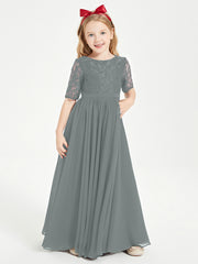 Robes de Demoiselle d'Honneur Junior en Dentelle à Demi-Manches Gris Acier
