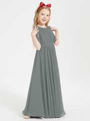 Robes de Demoiselle d'Honneur Junior en Dentelle à Demi-Manches Gris Acier