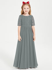 Robes de Demoiselle d'Honneur Junior en Dentelle à Demi-Manches Gris Acier
