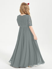 Robes de Demoiselle d'Honneur Junior en Dentelle à Demi-Manches Gris Acier