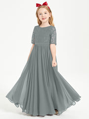 Robes de Demoiselle d'Honneur Junior en Dentelle à Demi-Manches Gris Acier