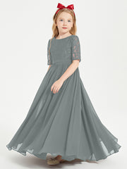 Robes de Demoiselle d'Honneur Junior en Dentelle à Demi-Manches Gris Acier