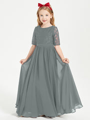 Robes de Demoiselle d'Honneur Junior en Dentelle à Demi-Manches Gris Acier