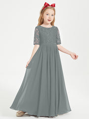 Robes de Demoiselle d'Honneur Junior en Dentelle à Demi-Manches Gris Acier