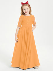 Robes de Demoiselle d'Honneur Junior en Dentelle à Demi-Manches Mandarine