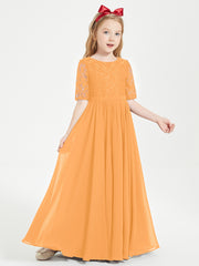 Robes de Demoiselle d'Honneur Junior en Dentelle à Demi-Manches Mandarine