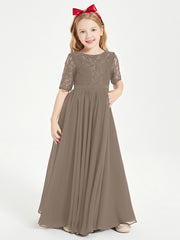Robes de Demoiselle d'Honneur Junior en Dentelle à Demi-Manches Taupe
