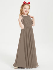 Robes de Demoiselle d'Honneur Junior en Dentelle à Demi-Manches Taupe
