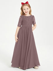 Robes de Demoiselle d'Honneur Junior en Dentelle à Demi-Manches Vintage Mauve