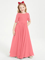 Robes de Demoiselle d'Honneur Junior en Dentelle à Demi-Manches Pastèque