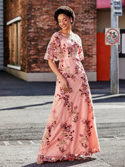 Robe Florale Appliquée avec Demi-Manches à Col en V As Picture Grande Taille