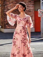Robe Florale Appliquée avec Demi-Manches à Col en V As Picture