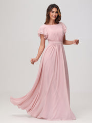Robe Longueur au Sol à Col en Bateau avec Manches Flottantes Rose Poudré