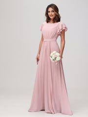 Robe Longueur au Sol à Col en Bateau avec Manches Flottantes Rose Poudré