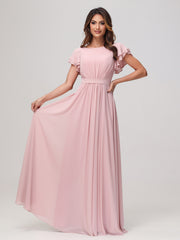 Robe Longueur au Sol à Col en Bateau avec Manches Flottantes Rose Poudré