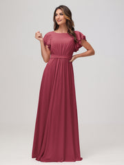 Robe Longueur au Sol à Col en Bateau avec Manches Flottantes Cannelle Rose