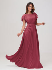 Robe Longueur au Sol à Col en Bateau avec Manches Flottantes Cannelle Rose