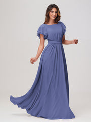 Robe Longueur au Sol à Col en Bateau avec Manches Flottantes Pervenche