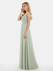Col en V Pleine Longueur Mousseline Robe avec Plissé Bustier Sauge Poudrée