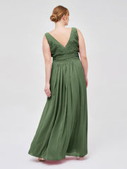 Col en V Pleine Longueur Mousseline Robe avec Plissé Bustier Olive Verte Grande Taille