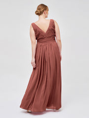 Col en V Pleine Longueur Mousseline Robe avec Plissé Bustier terracotta