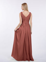 Col en V Pleine Longueur Mousseline Robe avec Plissé Bustier terracotta