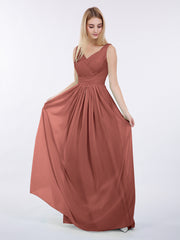 Col en V Pleine Longueur Mousseline Robe avec Plissé Bustier terracotta
