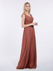 Col en V Pleine Longueur Mousseline Robe avec Plissé Bustier terracotta